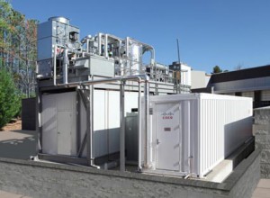 Cisco data center inside shipping containers, with visible cooling devices (2011).